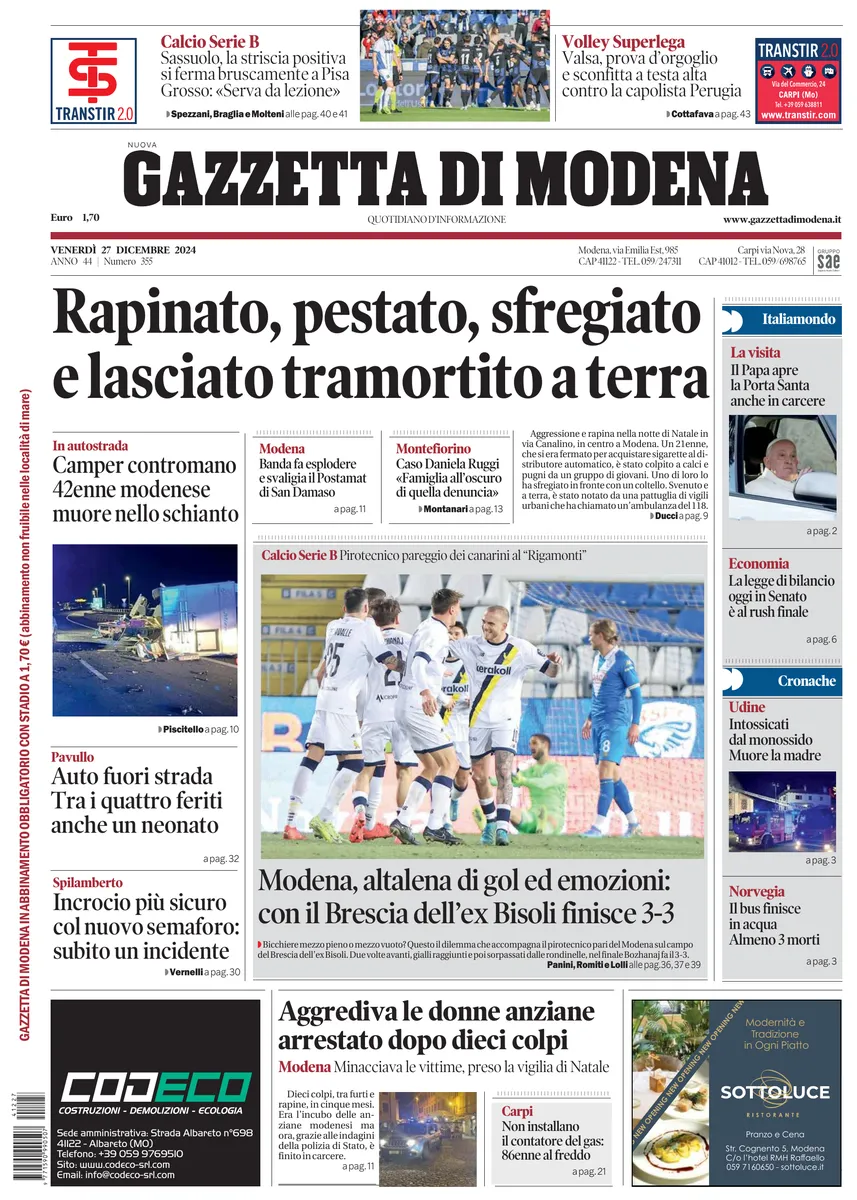 Prima-pagina-gazzetta di modena-oggi-edizione-del-2024-12-27